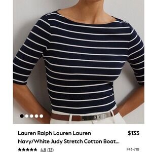 Lauren Ralph Lauren Judy Navy White Striped Boat Neck Cotton Top XS